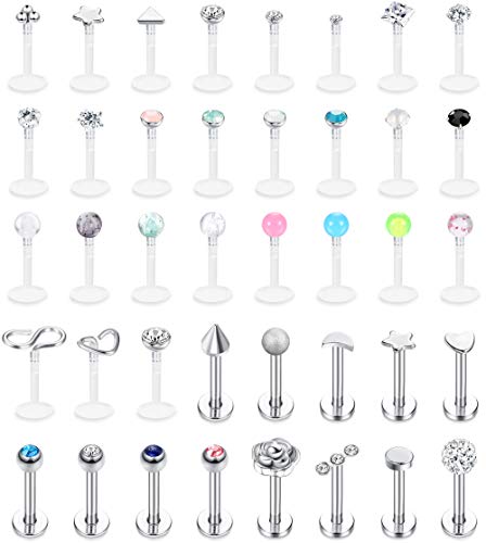 FIBO STEEL 16G Forward Helix Monroe Labret Lip Nose Studs for Men Women Stainless Steel&Clear Plastic Tragus Cartilage Stud Earrings Medusa Piercings Jewelry 40 Pieces