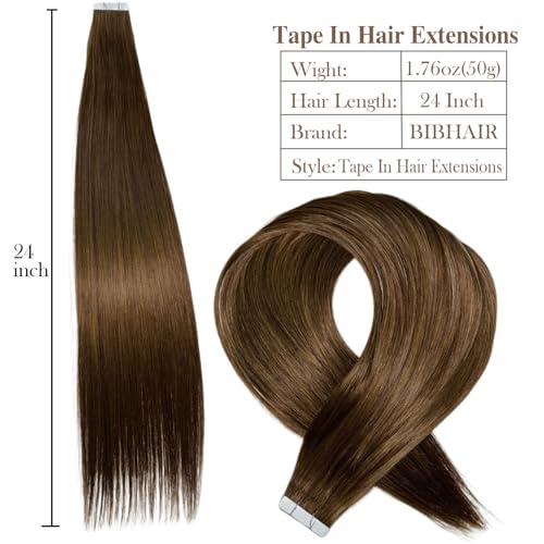 Image of Tape in Hair Extensions,20pcs 50g 24 Inch Balayage Chocolate Brown to Caramel Hair Extensions Straight Tape in Extensions Double Sided for Skin Weft Synthetic Hair