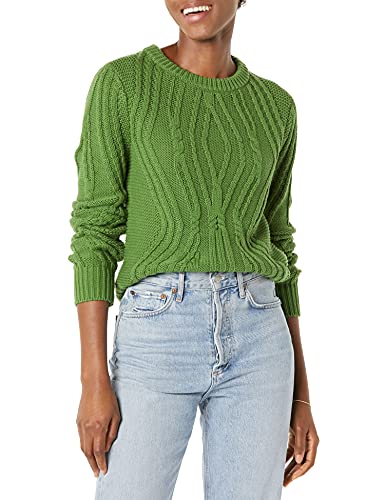 Amazon Essentials Damen Pullover mit Rundhalsausschnitt und Zopfmuster aus 100 % Baumwolle, Grün, M