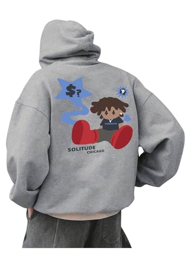 GORGLITTER Men's Anime Graphic Hoodies Oversize Cool Fleece Hoodies Pullover Trendy Hooded Sweatshirt with Pocket Grey Small