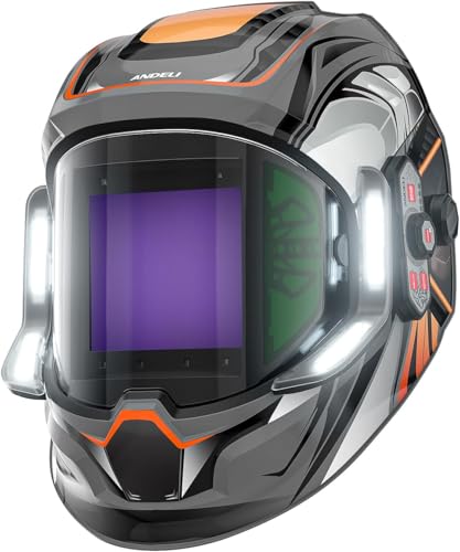 ANDELI Welding Mask with Lights, Panoramic 180° View 3.94X3.74 Helmet for Welding Auto Darkening True Color with 4 Arc Sensor Welding Helmet for Men for TIG MIG ARC Welding (MONER LED)