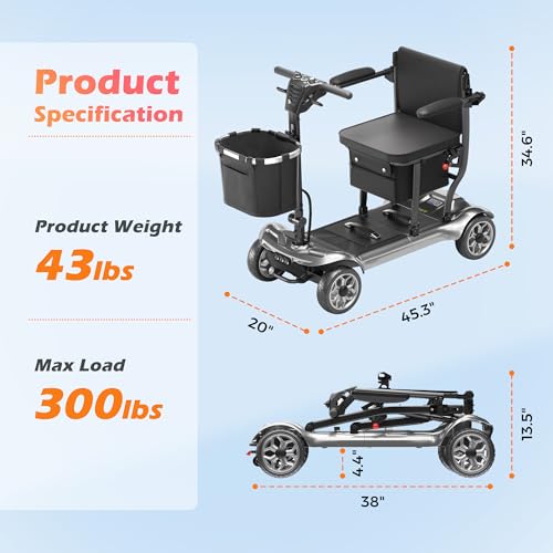 Image of Lightweight Mobility Scooter for Adult & Seniors Cruise & Airline Approved | 43lb Foldable Portable Motorized Scooters with Dual Lithium Batteries for 24.8 Miles Travel, 4 Wheel, 300lb Capacity, Silver