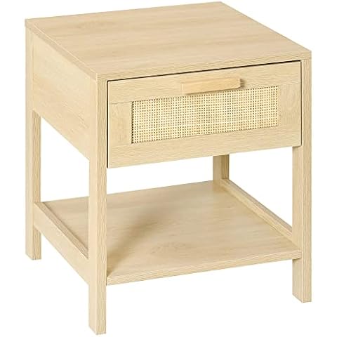 HOMCOM Nachttisch Nachtschrank Beistelltisch natürlicher Nachtkommode mit Schublade offenen Ablage Rattan-Design MDF Natur 40 x 40 x 48 cm Cover