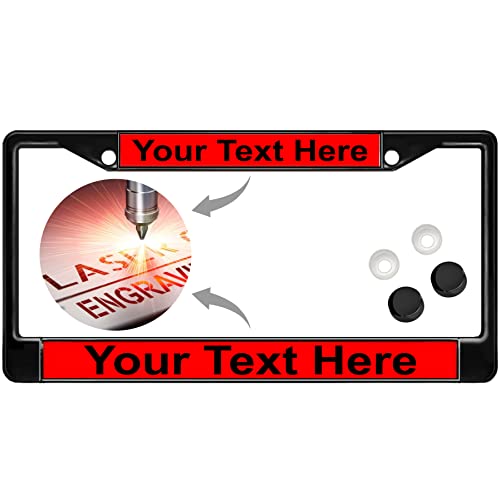 Image of Custom Personalized Black Powder-Coated Metal Laser Engraved Standard Size - Car /Automobile License Plate Frame with Free caps - Red /Black Text (Qty: 1 Frame)