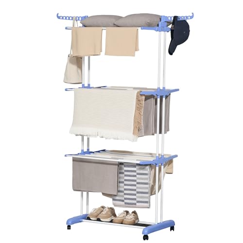 HOMCOM Folding Clothes Airer on Wheels Steel Frame...