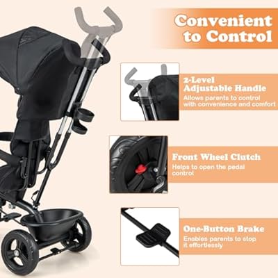 BABY JOY Tricycle, 4 in 1 Toddler Bike w/Removable Canopy, Adjustable Push Handle, Reversible Seat, Safety Belt, Folding Footrest & Storage Basket, Toddler Tricycle for Boys Girls 9-60 Months (Black)