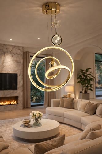 Image of Premium LED Ring Stylish Gold Finish with 3 Different Color Mode (Warm White, Cool White, Neutral White) Changing Chandelier with Height Adjustable Hanging for Bedroom, Living, Dining,and Home