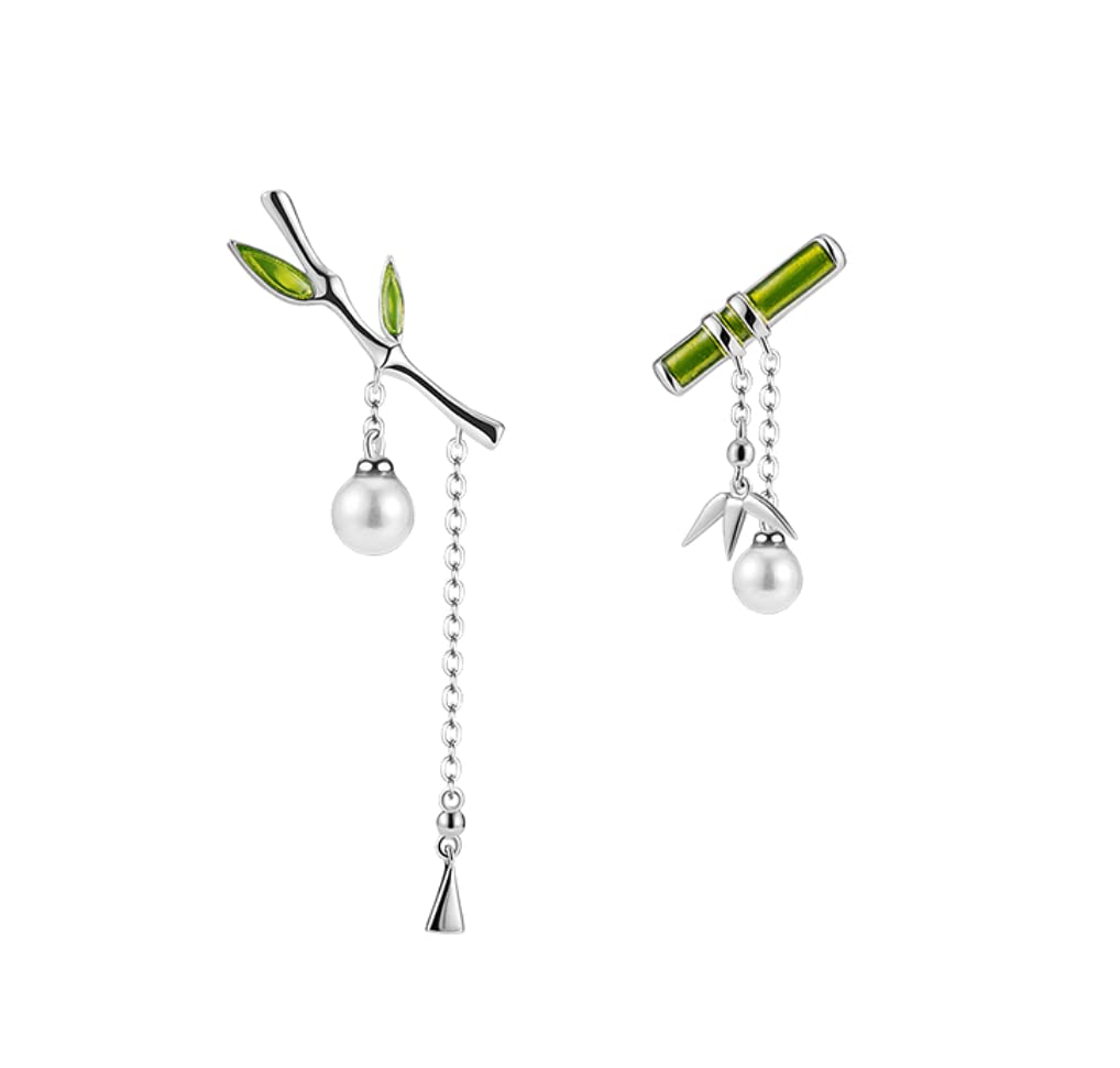 Argent boucle d'oreille vert bambou émaillé avec perle rétro de haute qualité LOKILOKI