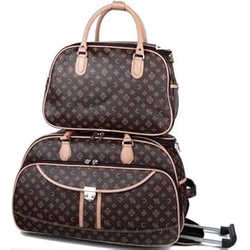 Kit Mala de Viagem Média com rodinhas e Mala Bolsa de bordo mala de bordo couro sintetico (CARAMELO/MARROM)