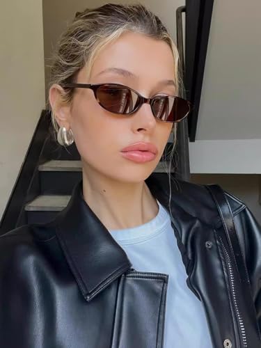Image of GUVIVI Retro Oval Sunglasses for Women Chic Cat Eye 90s Sunnies Lightweight Narrow Shades Trendy UV protection Sun Glasses