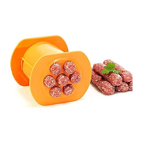 NIWWIN Cevapcici Press Maker,Manual Sausage Machine, Food Meat Grinder Sausage Filler, Hot-Dog Maker Mold BBQ Grill Accessories,7 Sausages in One Squeezed(Orange) Cover