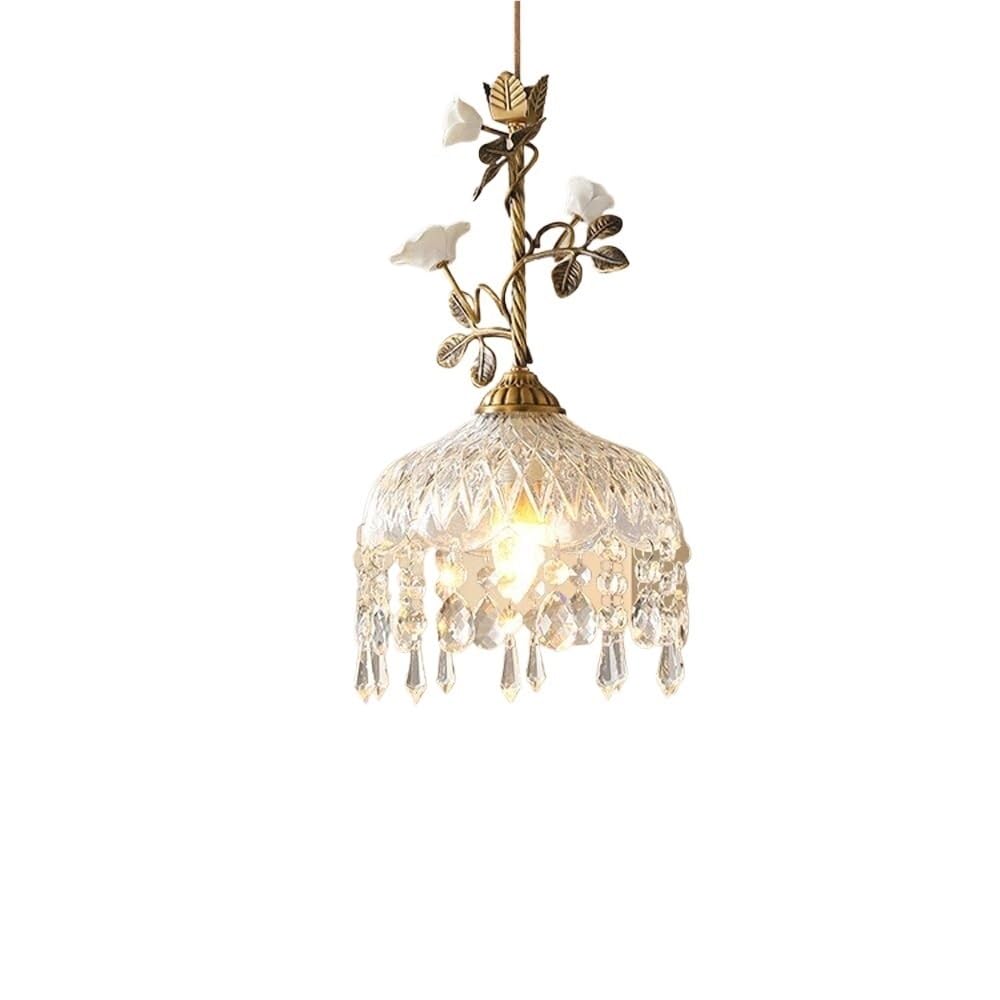 LYMSXAZOU Vintage Gold Glass Pendant Light - French Ceramic Flower Hanging Lamp Crystal Chandelier for Kitchen Island Dining Room & Bedroom Decor