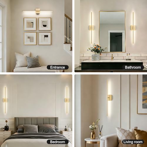 Image of Battery Operated Wall Sconce, 3000K-6000K Dimmable Gold Wall Lights with Remote Control, Timable LED Wireless Wall Sconces, 350 Ratate for Bathroom, Living Room, Hallway 29.1 Inch 1 Pack