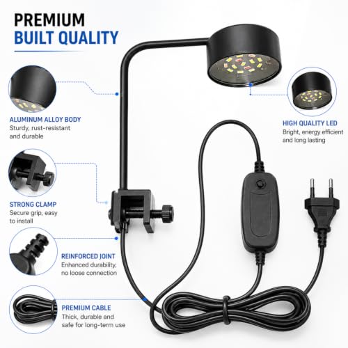 Image of VAYINATO WH-570 Aquarium LED Clip Light 8W | White LED Aquarium Lamp for Fish Tanks Upto 2 Feet | AC 220V Energy Efficient Lighting | Easy Clip-On Design for Nano Tanks Aquariums