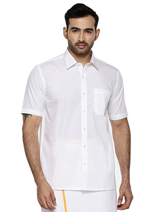 Image of RAMRAJ COTTON Men White Half Sleeve Shirt Crafted For Comfort| Durability| And Timeless Everyday Style