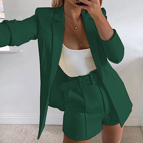 hlysgo 2 Piece Outfits for Women Long Sleeve Solid Open Front Blazer Shorts with Belt Business Casual Elegant Suit Sets2