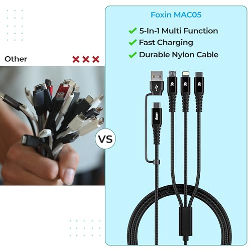Image of Foxin MAC05 Dual Input 20W 3 in 1 /6 in 1 Nylon Braided 1.5mt 4 Amp Multipurpose Parallel Fast Charging Cable | Universally Compatible, USB & Type C Input | Type C, 8 Pin, Micro Output | Made in India