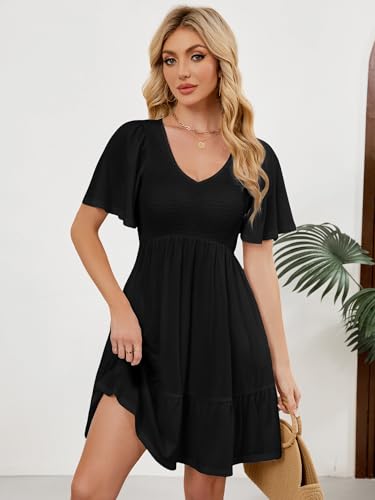 Image of UEAL Womens Cute Floral Smocked V Neck Flutter Sleeve Sundress with Pockets Casual Spring Summer Dresses for Women 2026