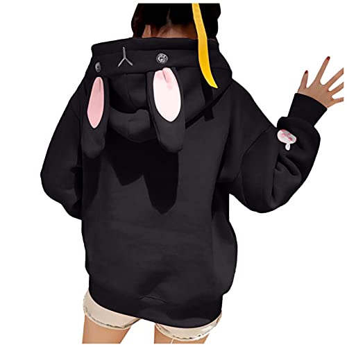 Aniywn Women's Rabbit Hoodie Long Sleeve Sweatshirt Cute Animal Cosplay Cartoon Pullover Sweatshirt Bunny Sweatshirt Black