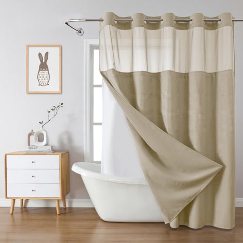 Khaki No Hook Waffle Weave Shower Curtain with snap-in Liner Replacement, 230GSM Waterproof Fabric Hotel Shower Curtain Set for Bathroom, Through Mesh Top Window,71Wx86H