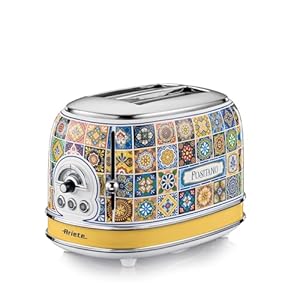 Ariete Toaster 155 Positano, Mediterranes Design, 2 Breite Schlitze, 6 Bräunungsstufen mit Automatischem Auswurf, Krümelfach, Toast-, Aufwärm- und Auftaufunktion, 810W