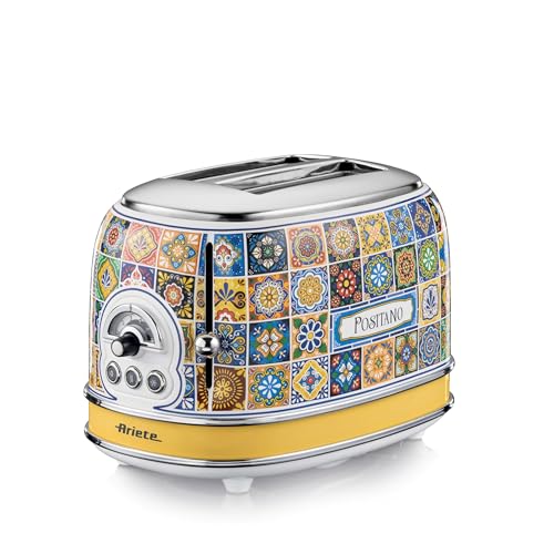 Ariete Toaster 155 Positano, Mediterranes Design, 2 Breite Schlitze, 6 Bräunungsstufen mit Automatischem Auswurf, Krümelfach, Toast-, Aufwärm- und Auftaufunktion, 810W