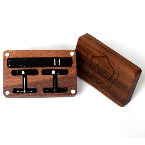 Image of Mens Initial Cufflinks and Tie Clip A-Z Alphabet Letter Black Stainless Cuff Links Tie Bar with Engraved Walnut Wood Box Groom Groomsman Wedding Set
