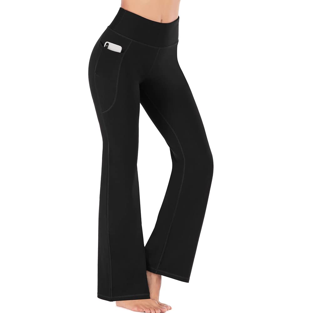 FDEETY Bootcut Yoga Pants High Waisted Stretch Workout Flare Pants Tummy Control Athletic Trousers with Pockets (L) Black