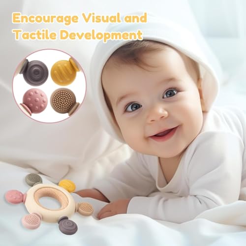 Image of Novo Baby Baby Teether 0-6 Months - Soft Silicone & Wood Toy for Infants | BPA-Free Teething Relief for 3-12 Month Age Group | 3 to 6 Month Baby Toys | Gift for Newborns & Toddlers - Beige