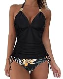 SUUKSESS Women Halter Tankini Bathing Suits Sexy Slimming Tummy Control Swimsuits 2 Pieces (Retro Floral Black, XL)