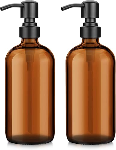 AmazerBath Amber Glass Soap Dispenser, 2 Pack Soap Dispenser Set with Stainless Steel Pump, Vintage Liquid Brown Soap Dispensers Bottle, 17 Oz Dish Soap and Hand Soap Dispensers for Bathroom Kitchen