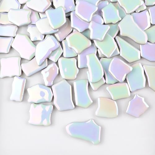 500g Irregular Ceramics Mosaic Tiles, 2-4CM Mosaic Pieces Stones for DIY Mosaic Making Craft Hobby Arts Home Wall Decoration (Iridescent White)