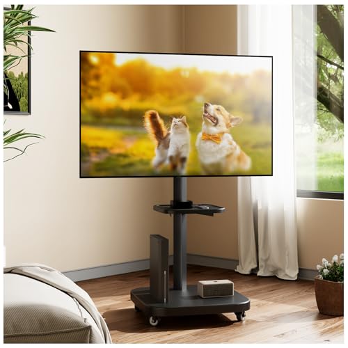 BESSTER 壁寄せテレビスタンド 縦/横スクリーン90度回転可能 自立式 26-70インチ対応 移動式テレビスタンド 収納棚板付き 冷延鋼製 VESA規格 600×400mm 液晶TVスタンド キャスター付き 省スペース 4段高さ調節可能 耐荷重40k