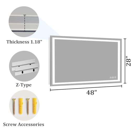 Image of Koonmi 48x28 LED Bathroom Mirror with Light, Anti-Fog, 3 Colors | Backlit + Front Lit, Dimmable Brightness, Shatterproof HD Distortion-Free Tempered Glass, Hardware Included