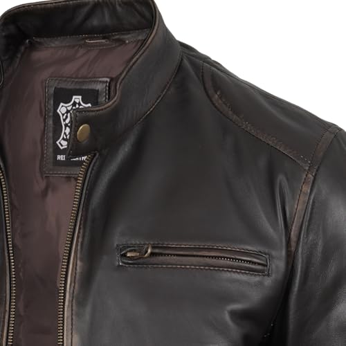 Image of fjackets Mens Leather Jacket - Real Lambskin Cafe Racer Jacket Stand Collar Moto Biker Zip Jacket For Men