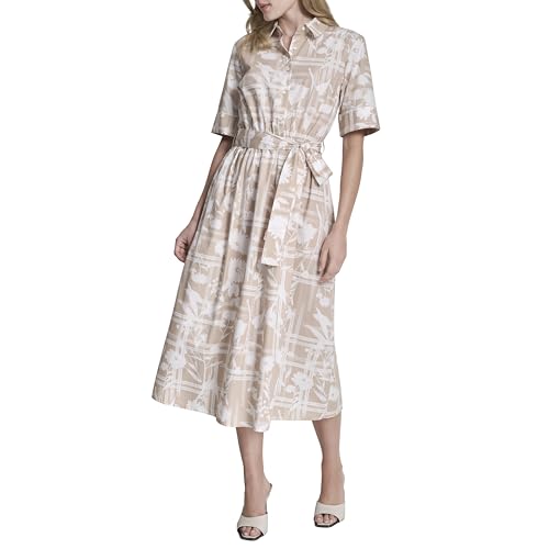 Image of DKNY Women's Short Sleeve Cotton Poplin Collared Midi Shirtdress