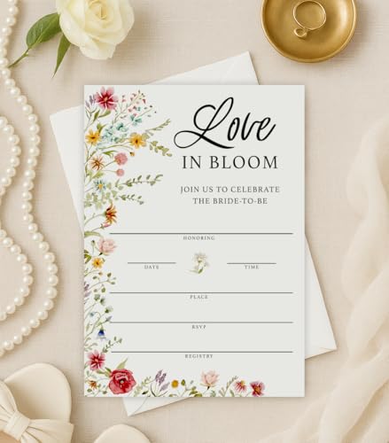 Printed Party Bridal Shower Invitations and Envelopes, Wildflower Theme, Love In Bloom Design, Set of 30