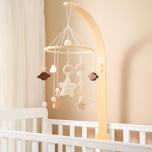 Image of let's make Baby Crib Mobile with Arm Boho Star Moon Nursery Mobile Set Wooden Baby Mobile Holder for Hanging Nursery Decor Ceiling Mobile