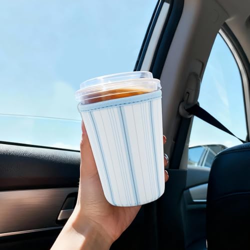 Image of Reusable Insulated Sleeve for Iced Coffee Cup, Coffee Neoprene Sleeve for Cold & Hot Drinks, Beverage Holder for Iced Coffee (Blue Lines, Small: 16-18oz)