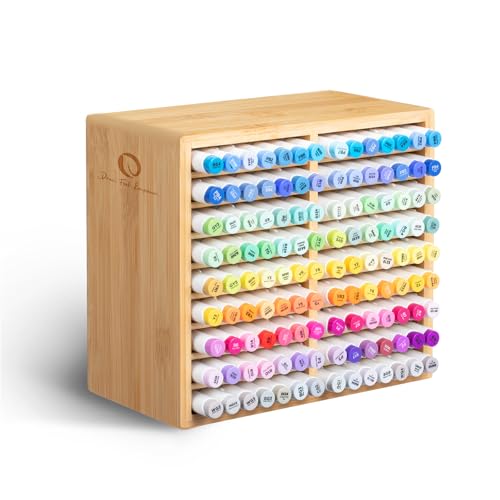 Ohuhu Bamboo Marker Organizer Wooden Desktop Storage Hold 126 Markers Pens Pencils Art Brushes Stationary Organizer Pencil Holder with 18 Compartments for Home Classroom Office Decor