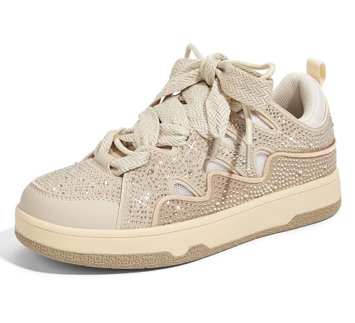 LUCKY STEP Women's Sparkle Rhinestone Fashion Sneakers Walking Tennis Bling Glitter Roaring Shoes Platform Lace up Casual Mesh Sneaker