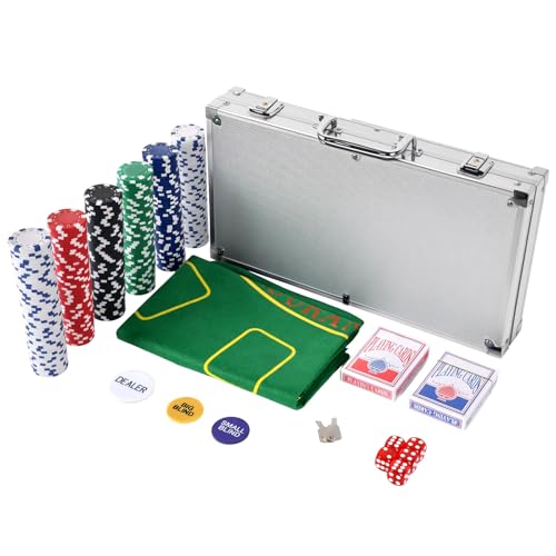 Advwin Poker Chips Set 300pcs, Aluminum Case with 2 Decks, 5 Dice, 3 Dealer Buttons & Felt Mat for Texas Holdem Blackjack Gambling
