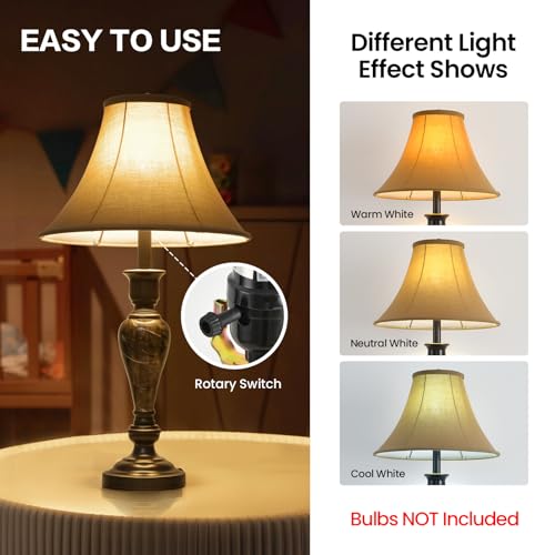 Smeike 3 Piece Living Room Lamps, Vintage Table Lamp and Floor Lamp Set of 3, Stable Iron Base with Brown Fabric Shade for Bedroom Reading Room Office