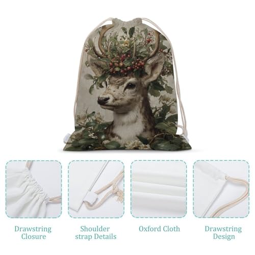 Christmas Deer with Holly Crown Vintage Drawstring Backpack Canvas String Bag Lightweight Sports Gym Bag for Men Women4