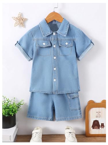 Image of BEAUDRM Boy's 2 Piece Summer Outfits Short Sleeve Collar Button Down Denim Shirt Tops and Shorts Set