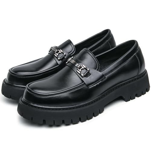 Men's Patent Leather Platform Penny Loafers Fashion Metal Decoration Non-Slip Lug Sole Business Dress Shoes Comfort Slip-on Round Toe Casual Work Shoes (8.5,Black)