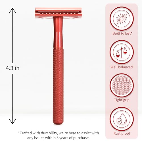 Image of Bambaw Single Blade Double Edged Safety Razor with 5 Blades, Durable Metal Razor for Men & Women, Reusable & Plastic Free Double Edge Safety Razors for Men - Red