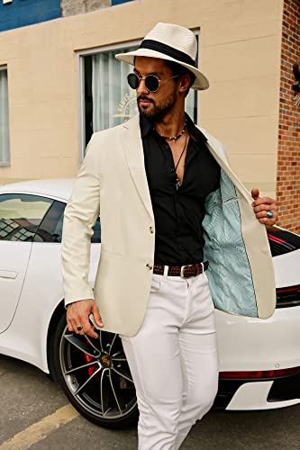 Grace Karin Men Striped Lining Blazer Coat Long Sleeve Notch Lapel Two-Button Coat Beige #TOP3