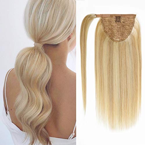 Lacer Highlight Ponytail Extension Clip in Ponytail Hair Extensions Human Hair Wrap Around Ponytail Long Straight Highlight Ash Blonde Ponytail Hairpiece Pony Tails Hair Extensions for Women 14 Inch