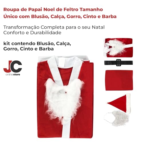 Kit Roupa Fantasia Adulto Papai Noel de Feltro Completa 5 Peças Natal Tamanho Único Festa Decoração